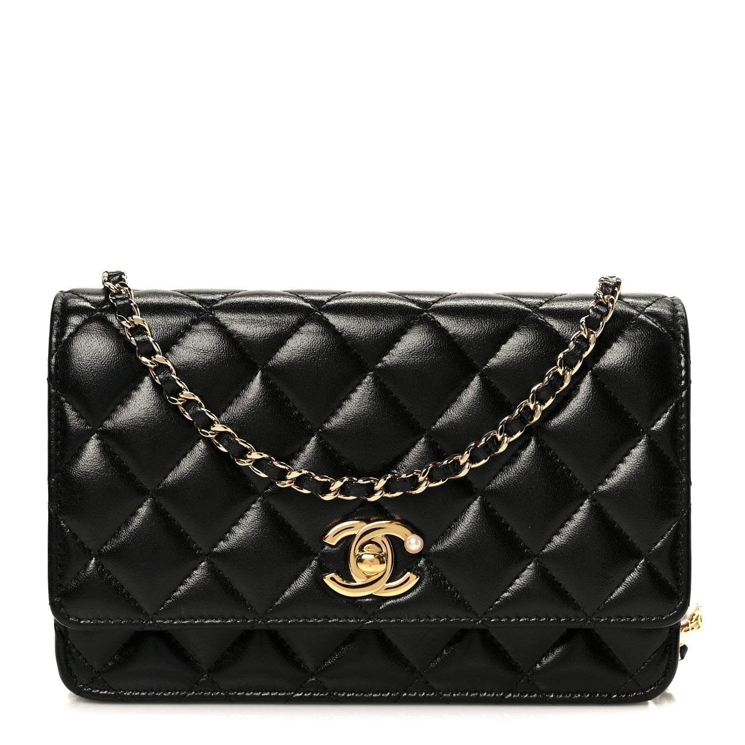Shiny Lambskin Quilted CC Pearl Wallet on Chain WOC Black