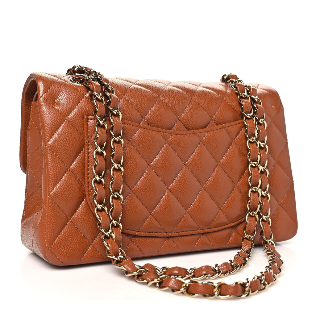 Caviar Quilted Small Double Flap Light Brown