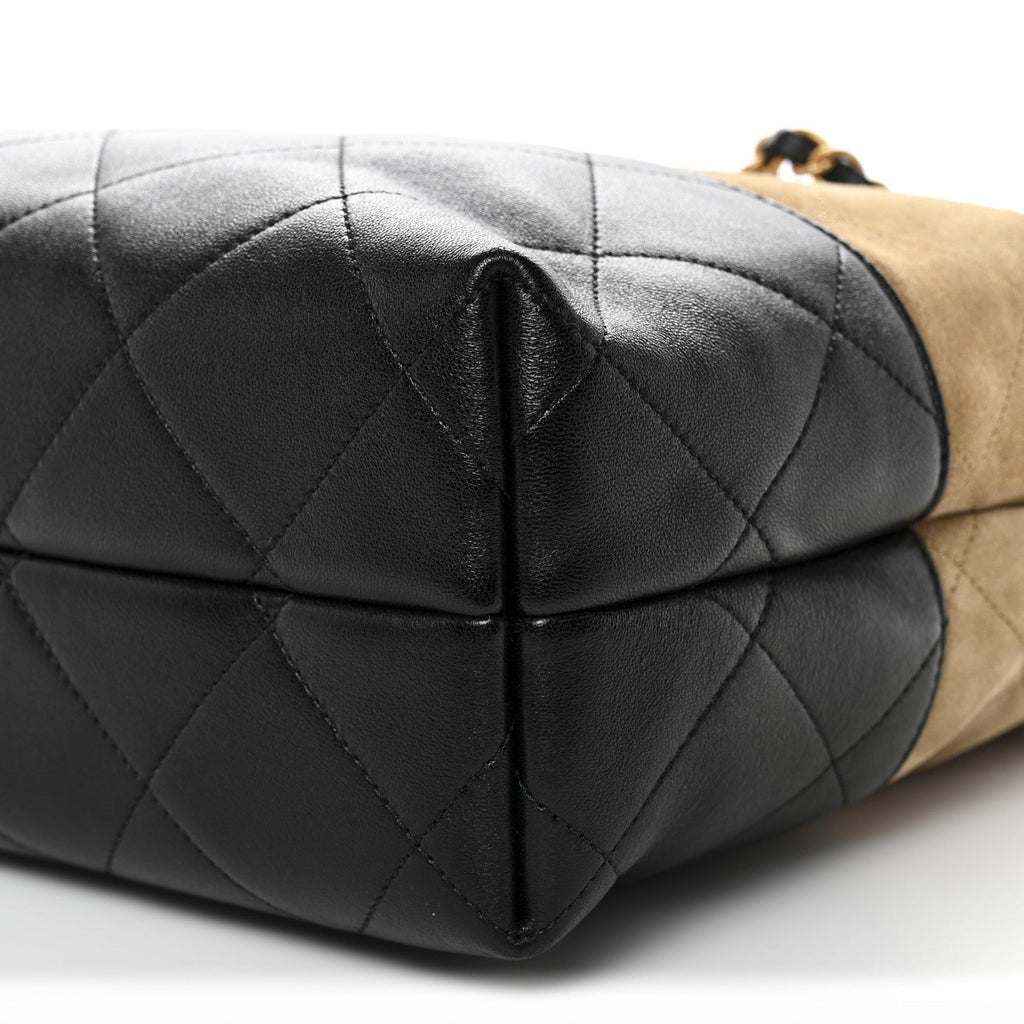 Suede Calfskin Shiny Lambskin Quilted Coco Base Shopping Bag Beige Black