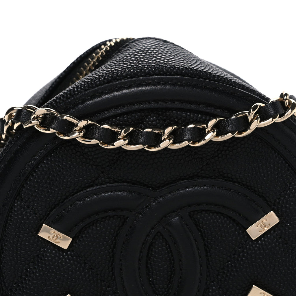 Caviar Quilted Round Filigree Crossbody Black