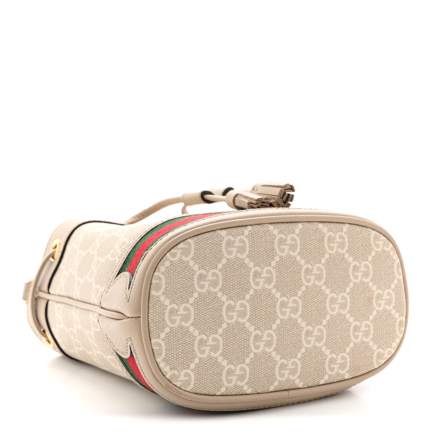 GG Supreme Monogram Textured Calfskin Web Mini Ophidia Bucket Bag Beige Ebony Mystic White Oatmeal