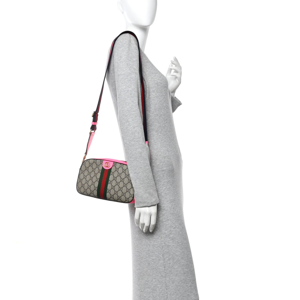 GG Supreme Monogram Textured Dollar Calfskin Web Ophidia Small Crossbody Bag Beige Ebony Fuchsia