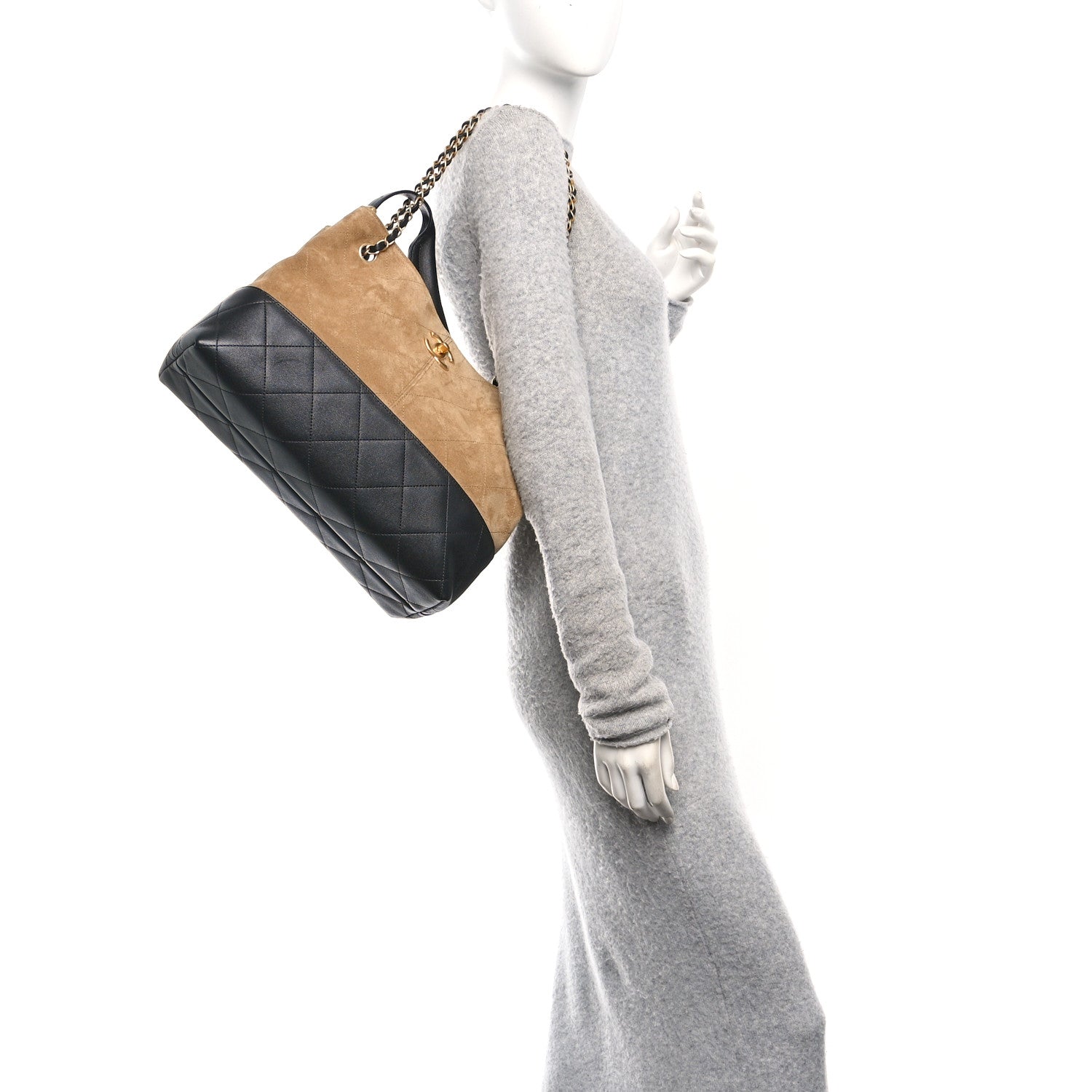 Suede Calfskin Shiny Lambskin Quilted Small Coco Base Shopping Bag Beige Black