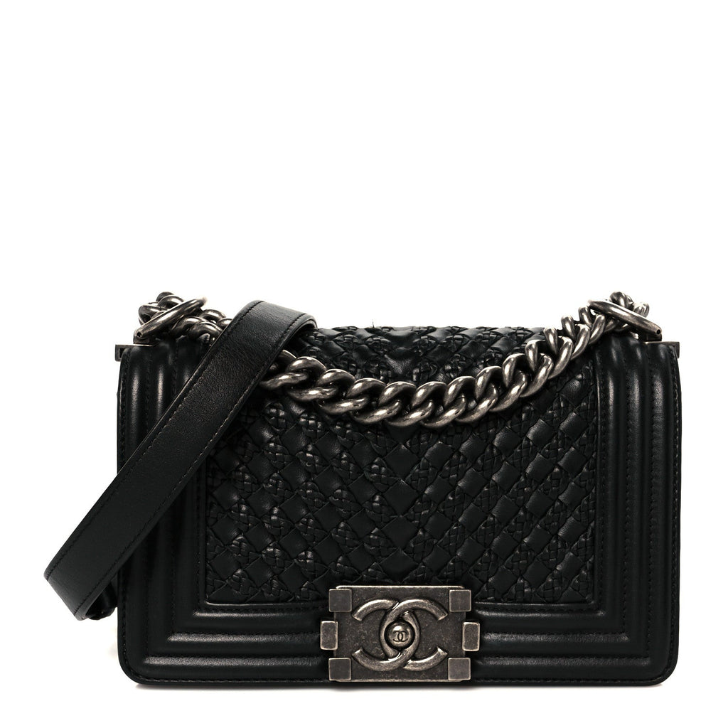 Lambskin Braided Woven Small Boy Flap Black