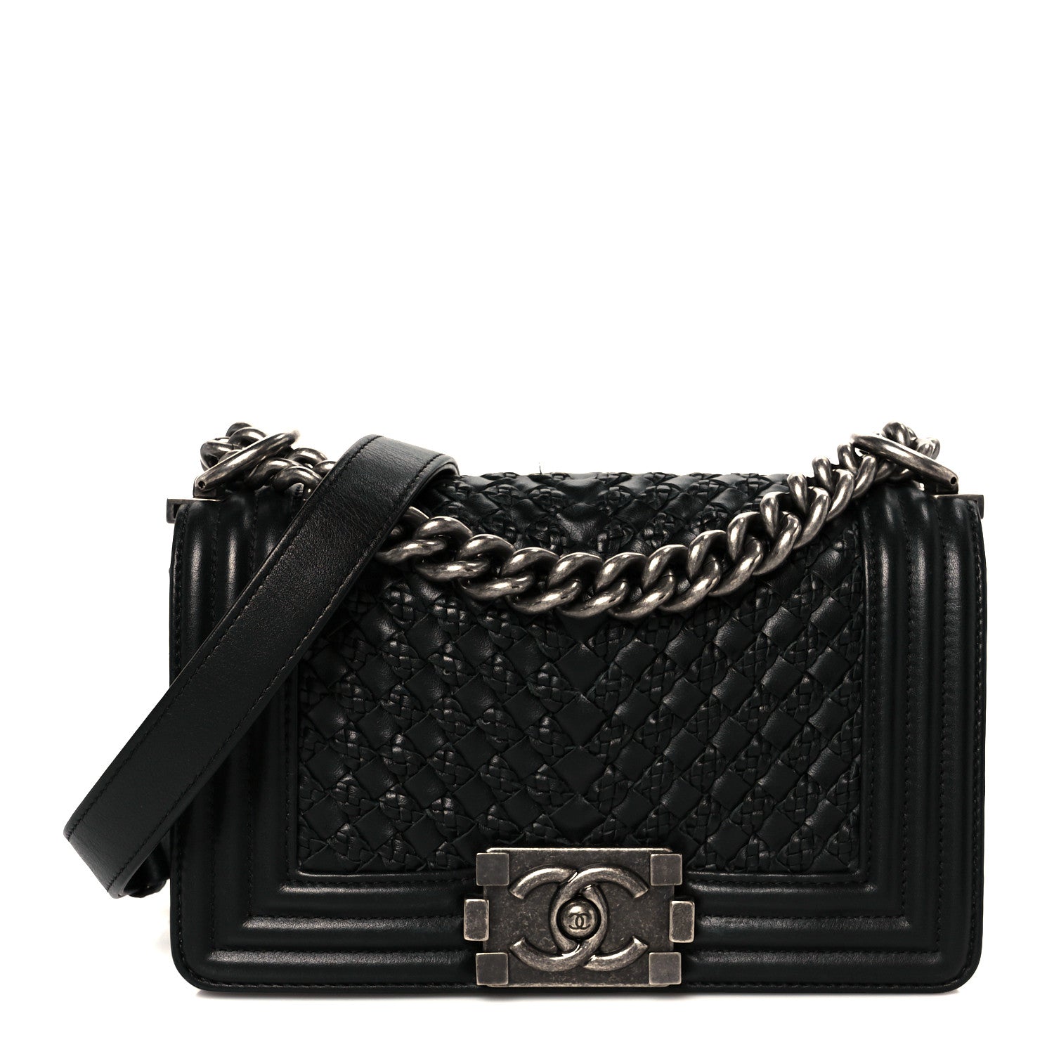Lambskin Braided Woven Small Boy Flap Black