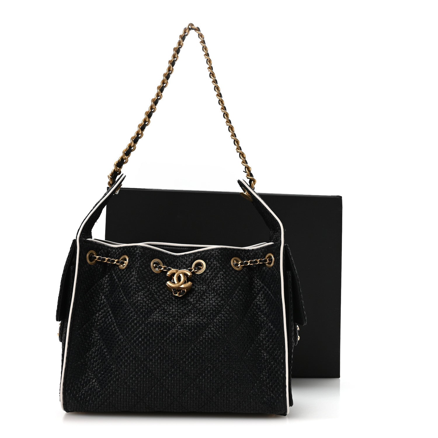 Braided Raffia Calfskin Small Chanel 25 Handbag Black White