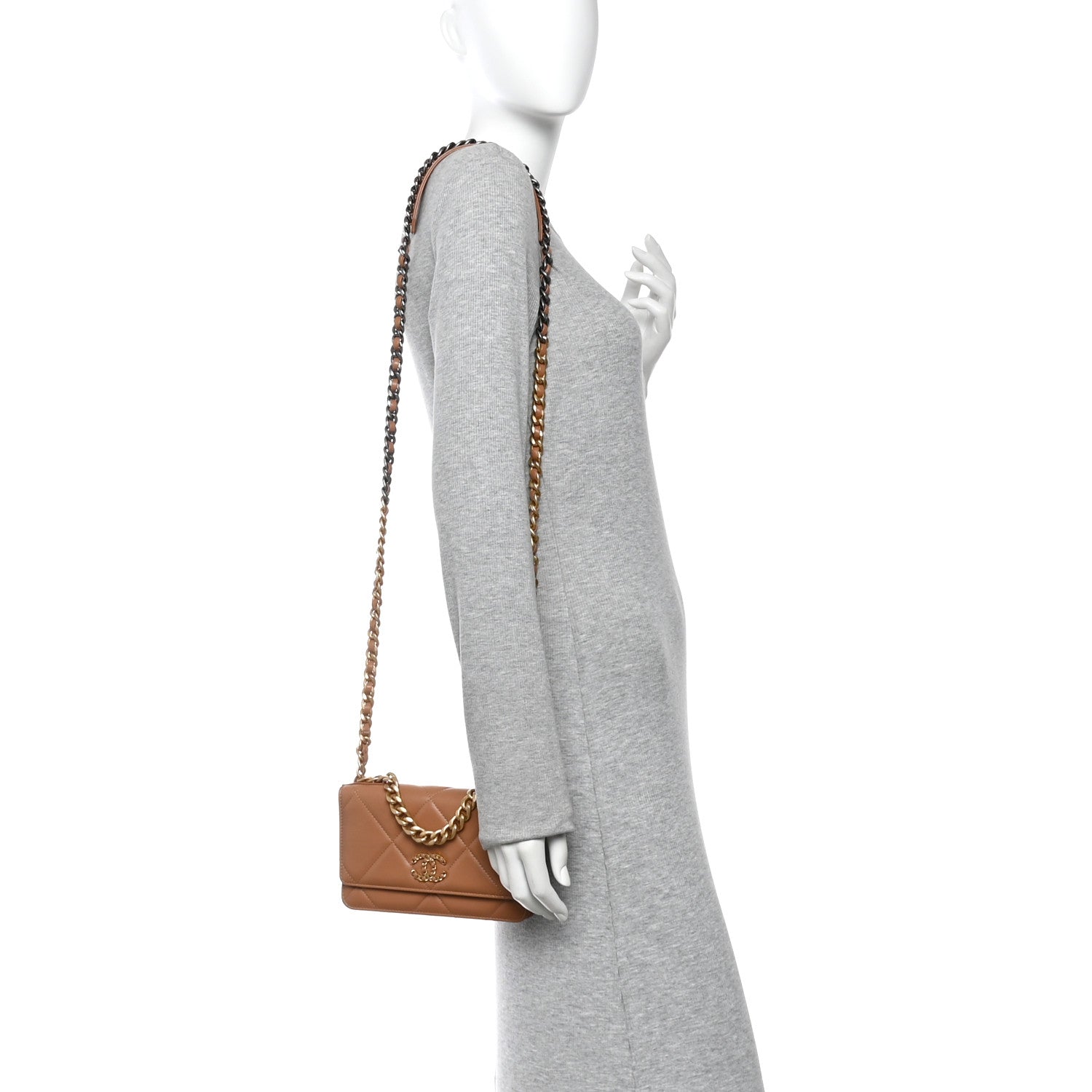 Lambskin Quilted Chanel 19 Wallet On Chain WOC Brown