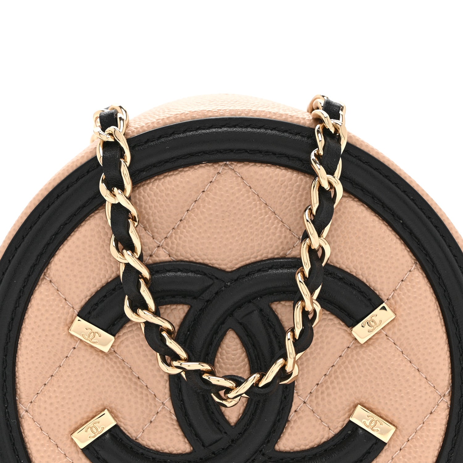 Caviar Quilted Round Filigree Crossbody Beige Black