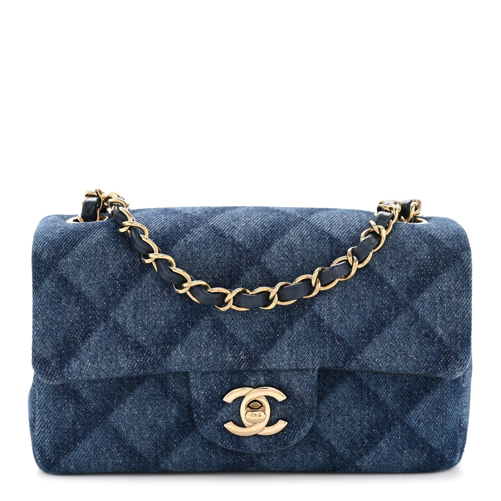 Printed Denim Quilted Mini Rectangular Flap Dark Blue