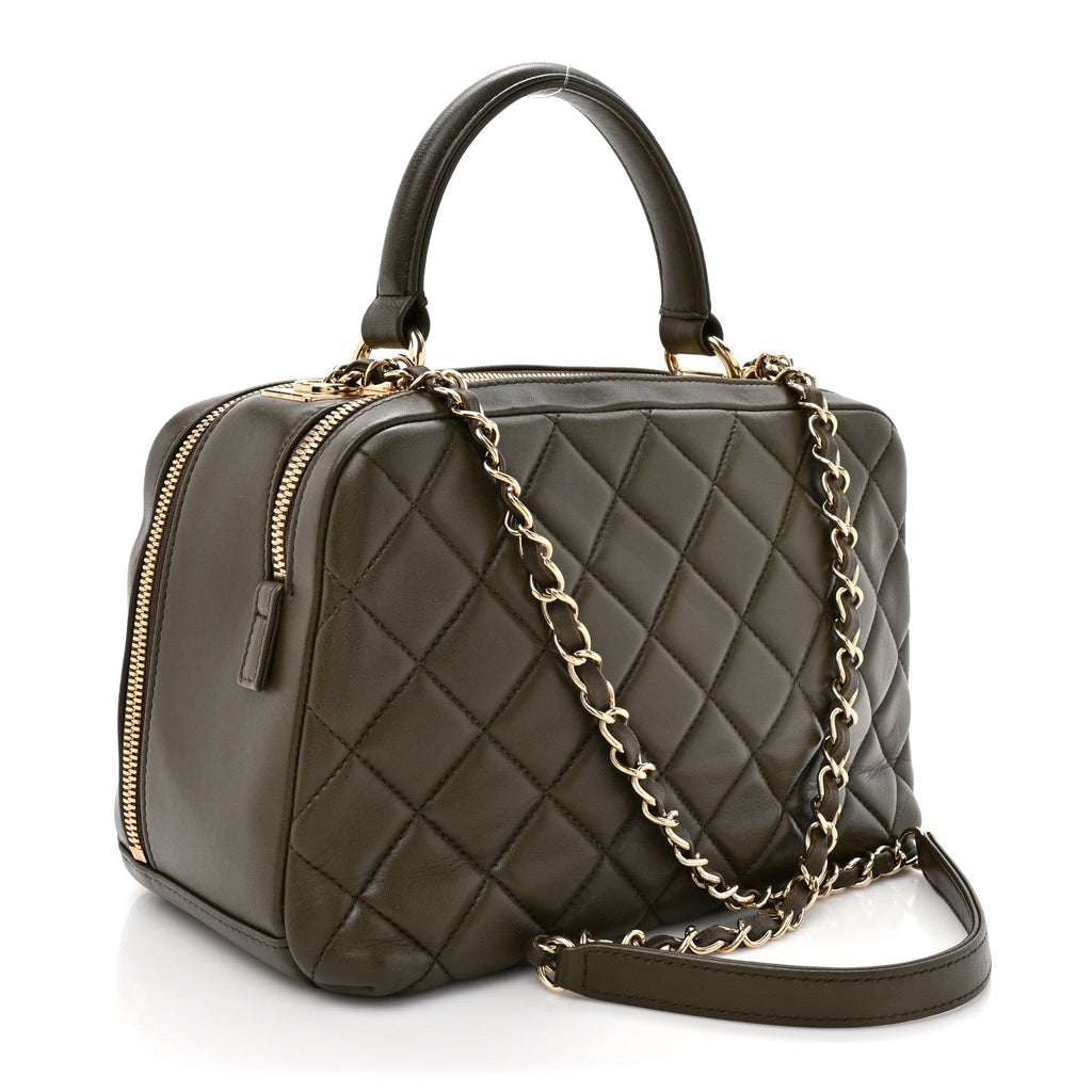 Lambskin Quilted Medium Trendy CC Bowling Bag Dark Khaki