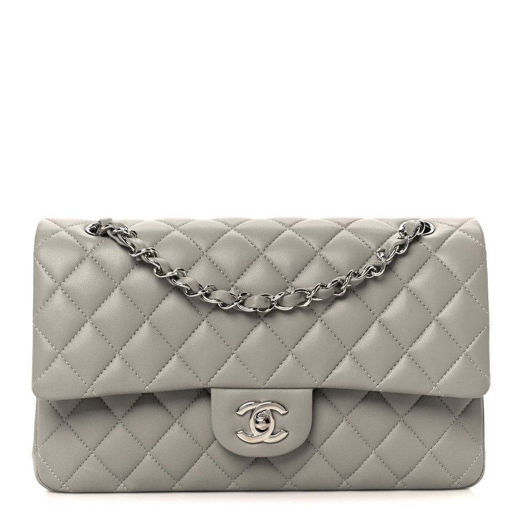 Lambskin Quilted Medium Double Flap Grey