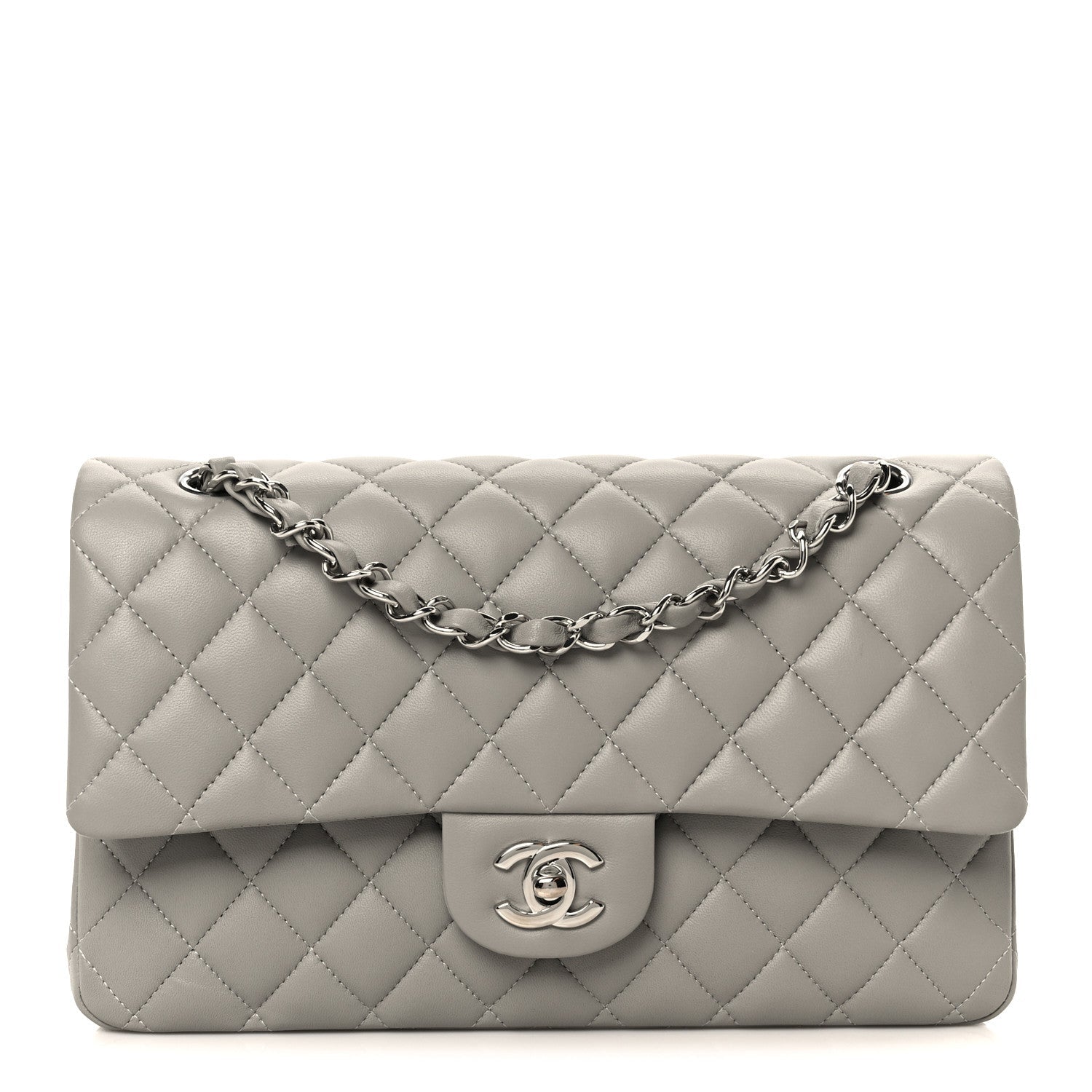 Lambskin Quilted Medium Double Flap Grey