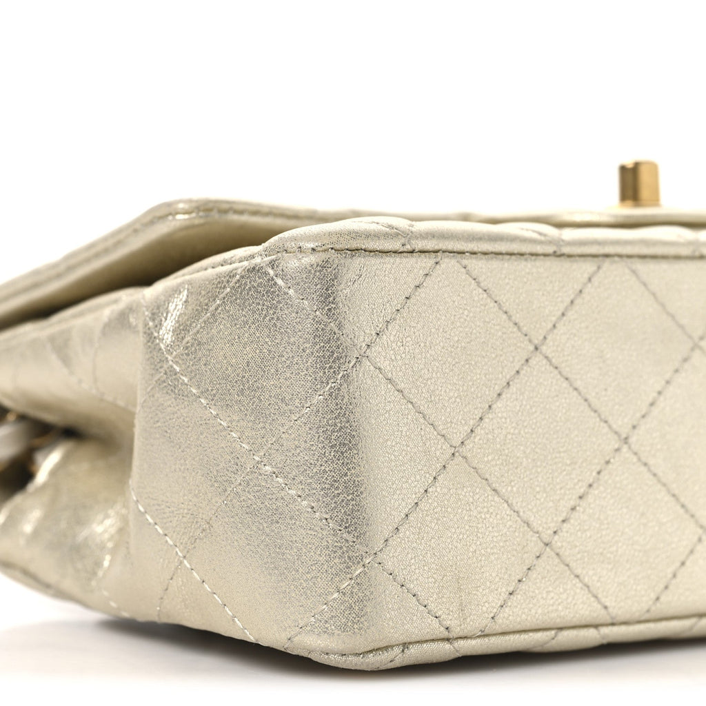 Metallic Lambskin Quilted Mini Rectangular Flap Gold