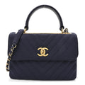 Jersey Chevron Quilted Small Trendy CC Dual Handle Flap Bag Navy Blue
