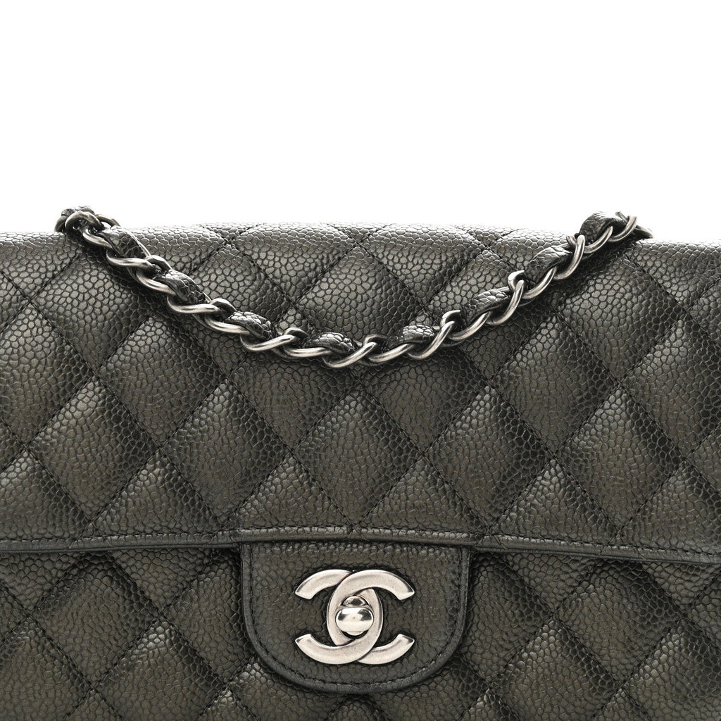 Metallic Caviar Quilted Mini Rectangular Flap Dark Grey
