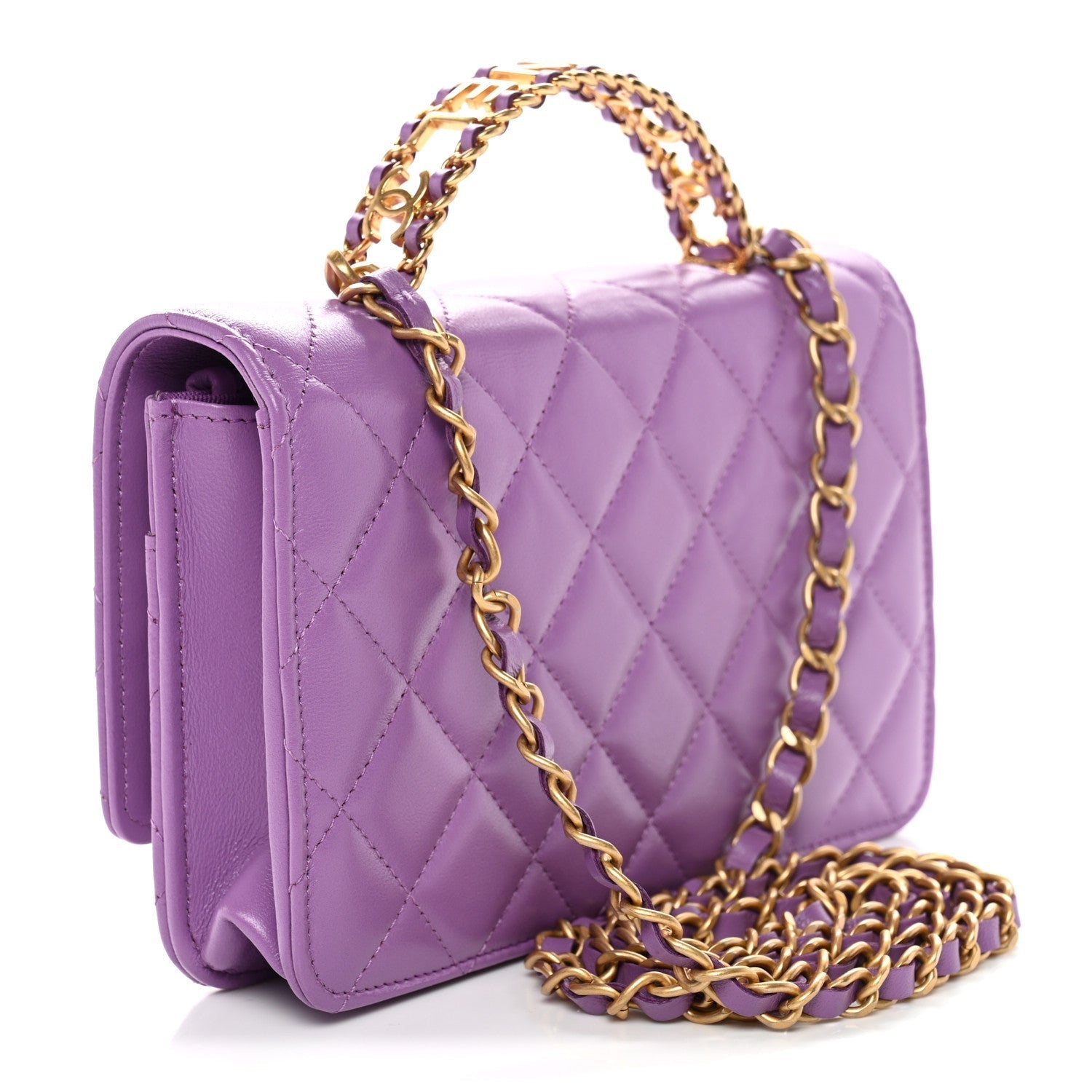 Lambskin Quilted Pick Me Up Wallet On Chain WOC Purple