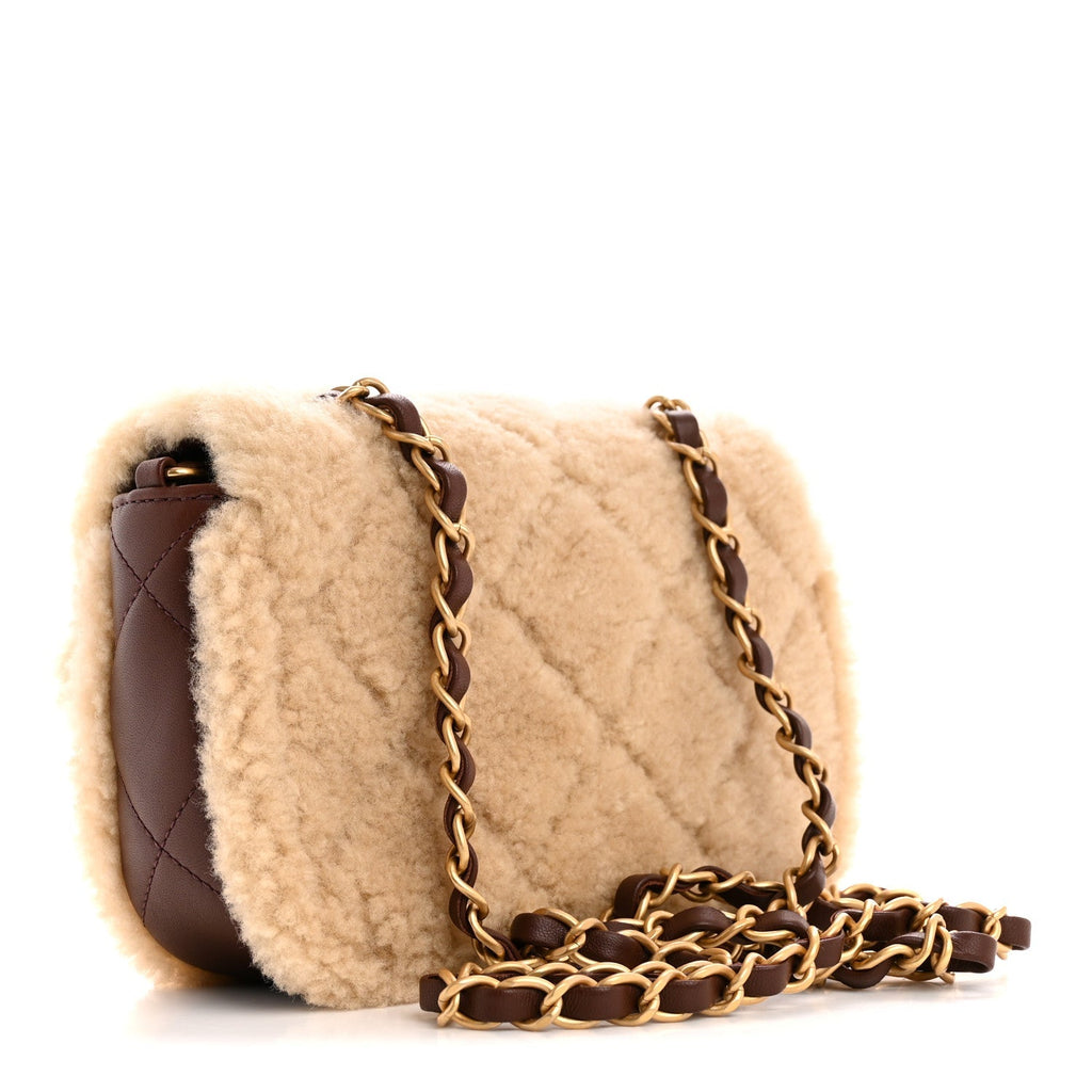 Shearling Lambskin Quilted Mini Furry Coco Flap Beige Brown