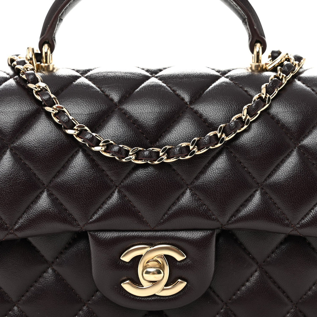 Lambskin Quilted Mini Top Handle Rectangular Flap Dark Purple