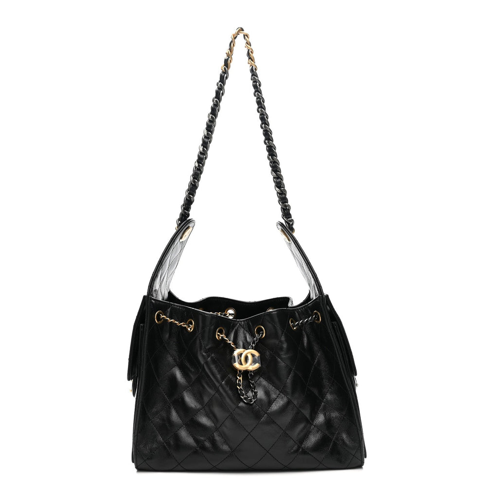 Shiny Crumpled Calfskin Quilted Small Chanel 25 Handbag Black