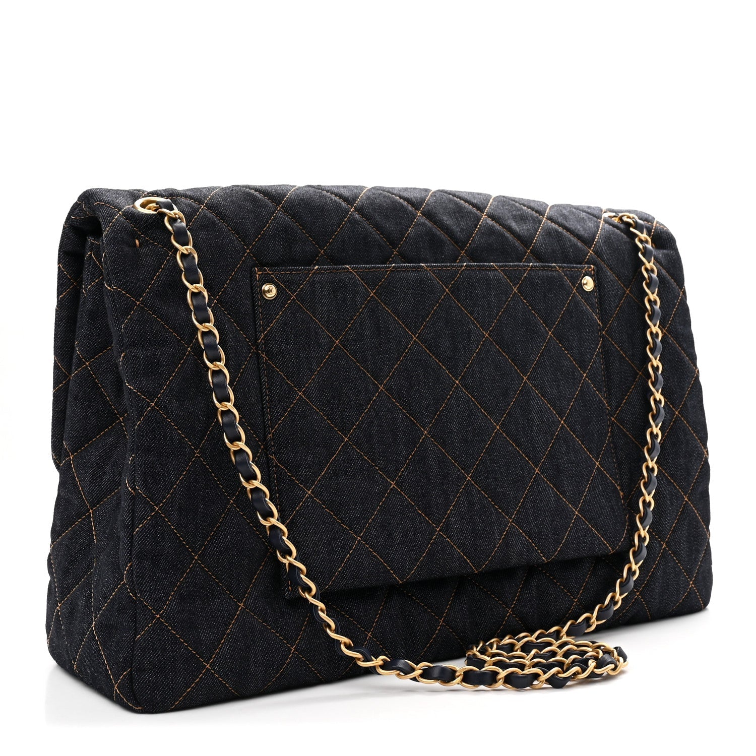 Denim Quilted XXL Travel Flap Bag Dark Blue Orange