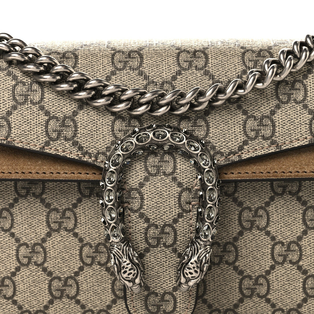 GG Supreme Monogram Suede Crystal Small Dionysus Shoulder Bag Beige Ebony Taupe