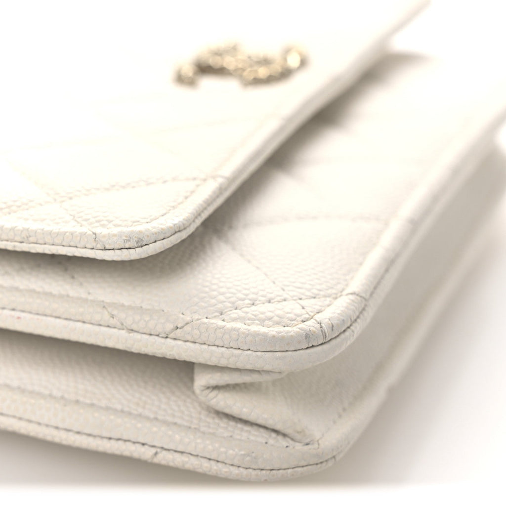 Caviar Quilted Perforated Metal CC Wallet On Chain WOC White