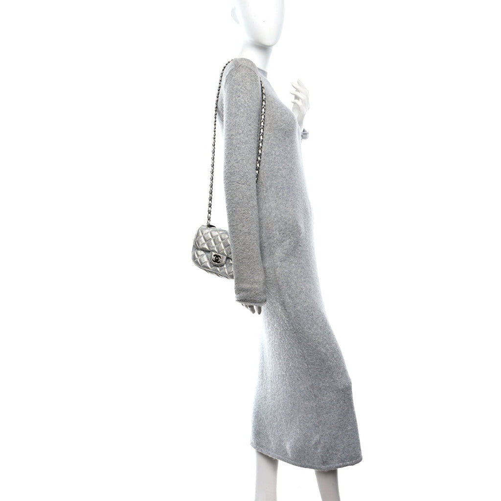 Metallic Lambskin Perforated Mini Rectangular Flap Silver