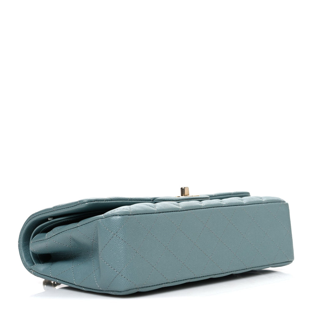Iridescent Caviar Quilted Medium Double Flap Light Blue