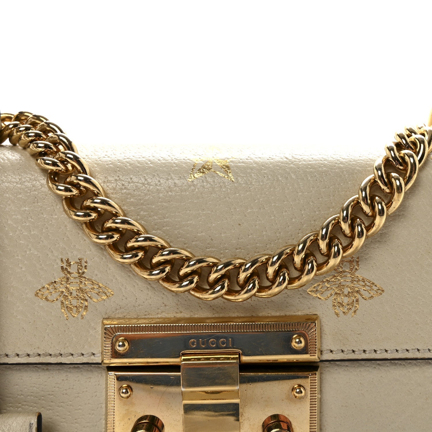 Grained Calfskin Bee Star Small Padlock Shoulder Bag White