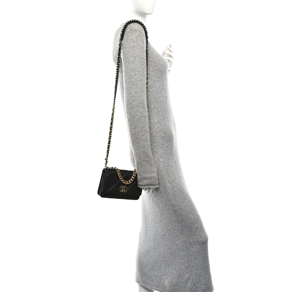 Lambskin Quilted Chanel 19 Wallet On Chain WOC Dark Brown