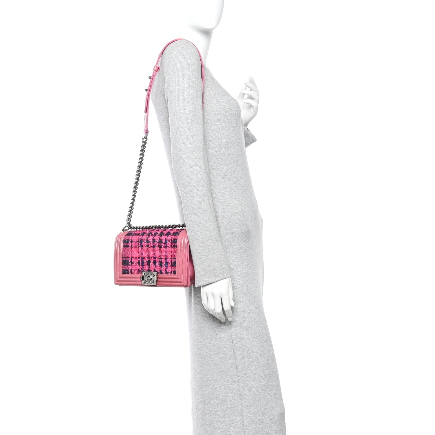 Patent Tweed Medium Boy Flap Fuchsia