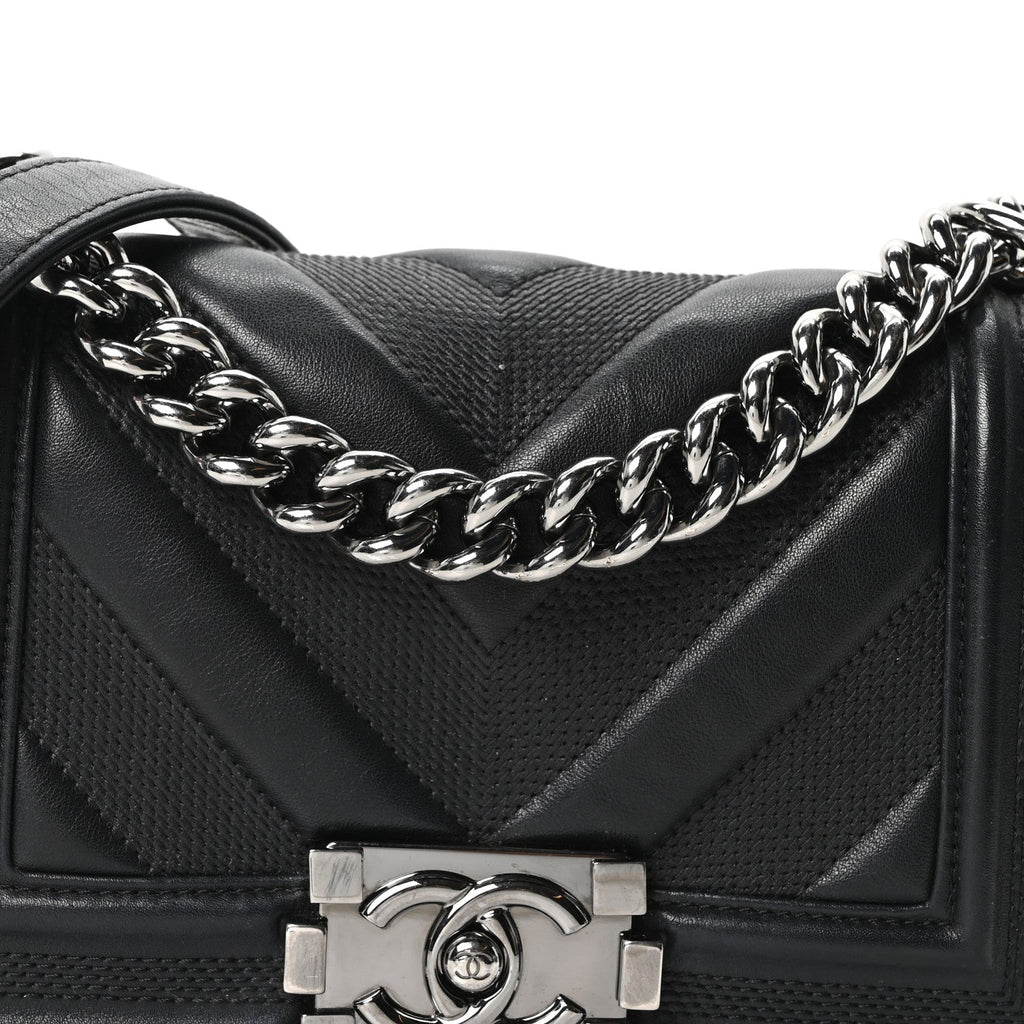 Calfskin Perforated Chevron Quilted Small Boy Flap Black