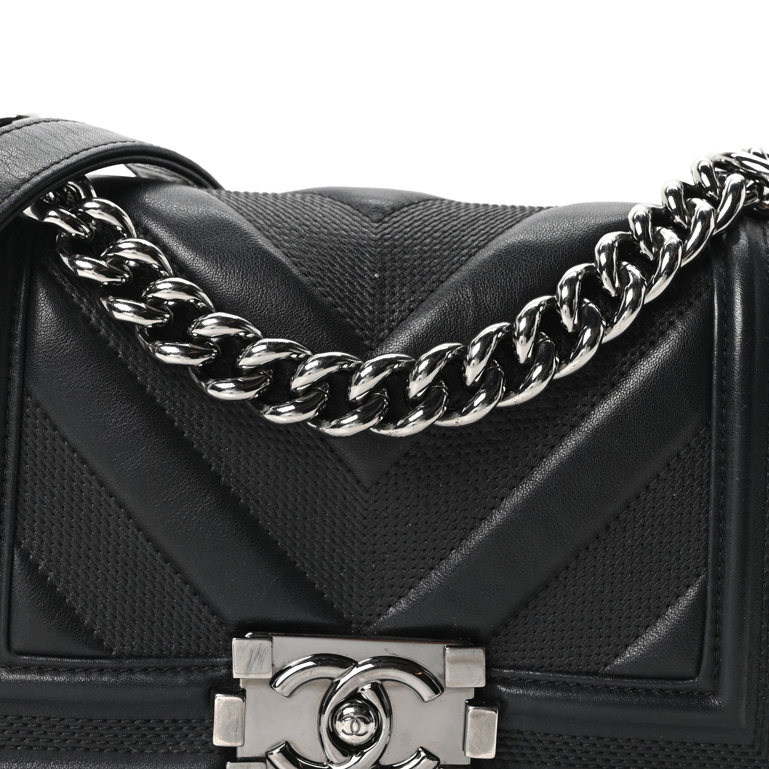 Calfskin Perforated Chevron Quilted Small Boy Flap Black