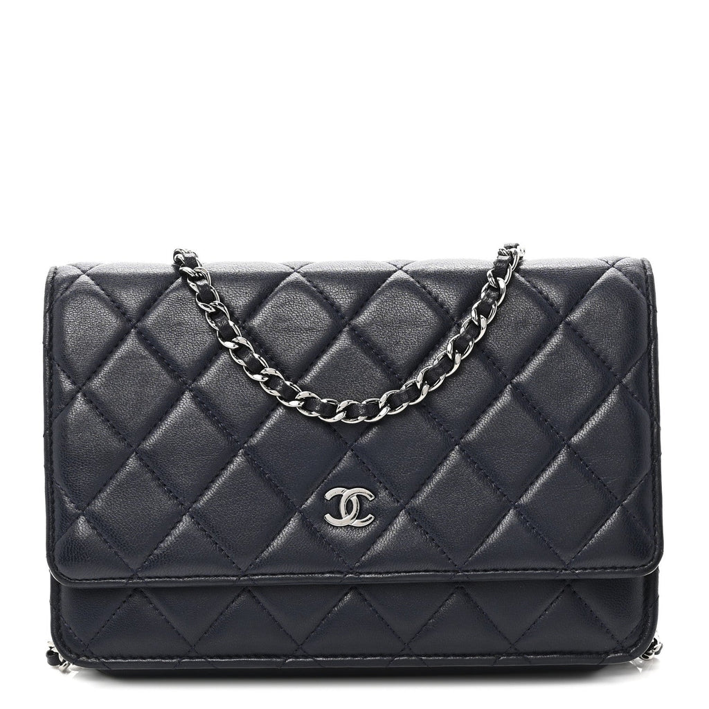 Lambskin Quilted Wallet On Chain WOC Navy Blue