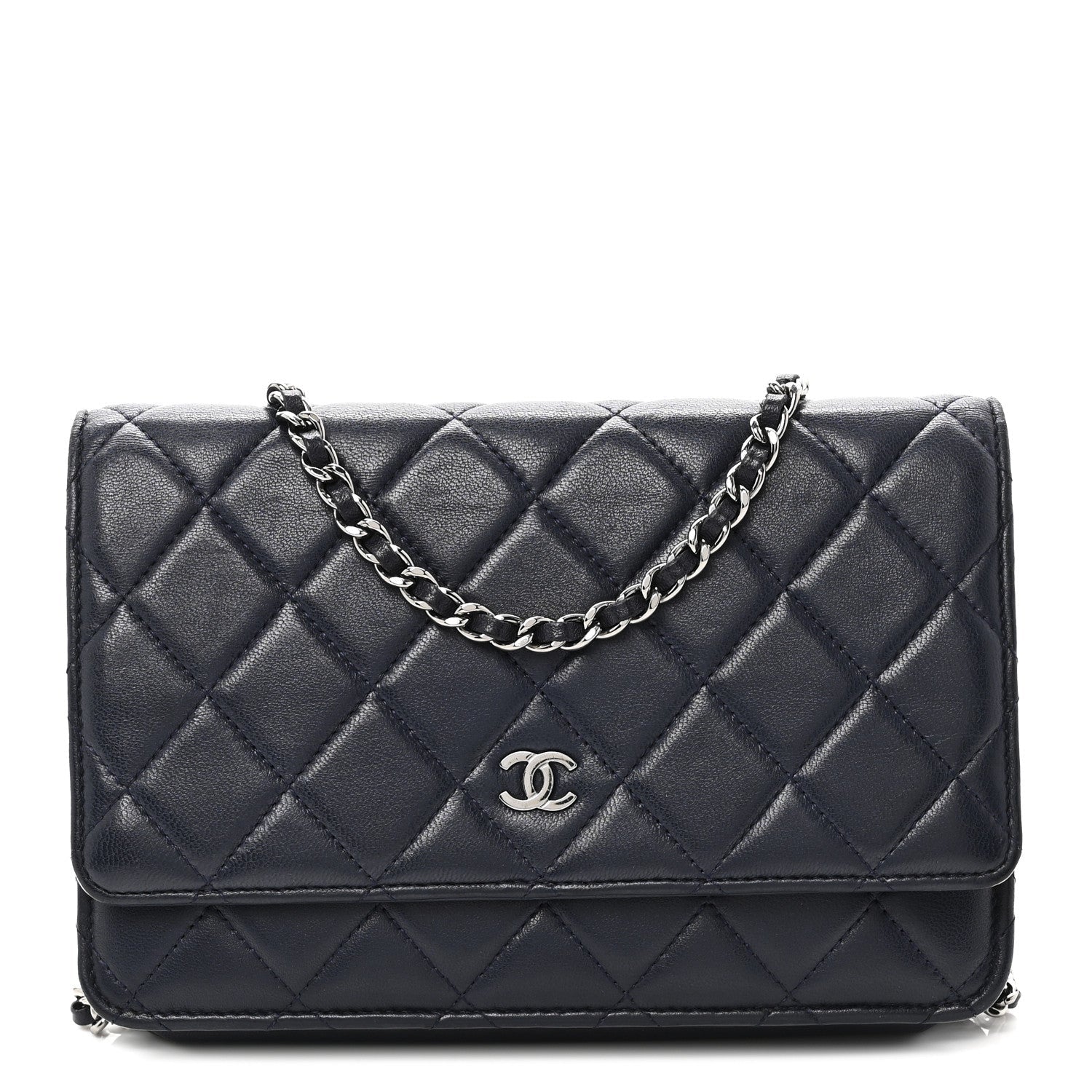Lambskin Quilted Wallet On Chain WOC Navy Blue