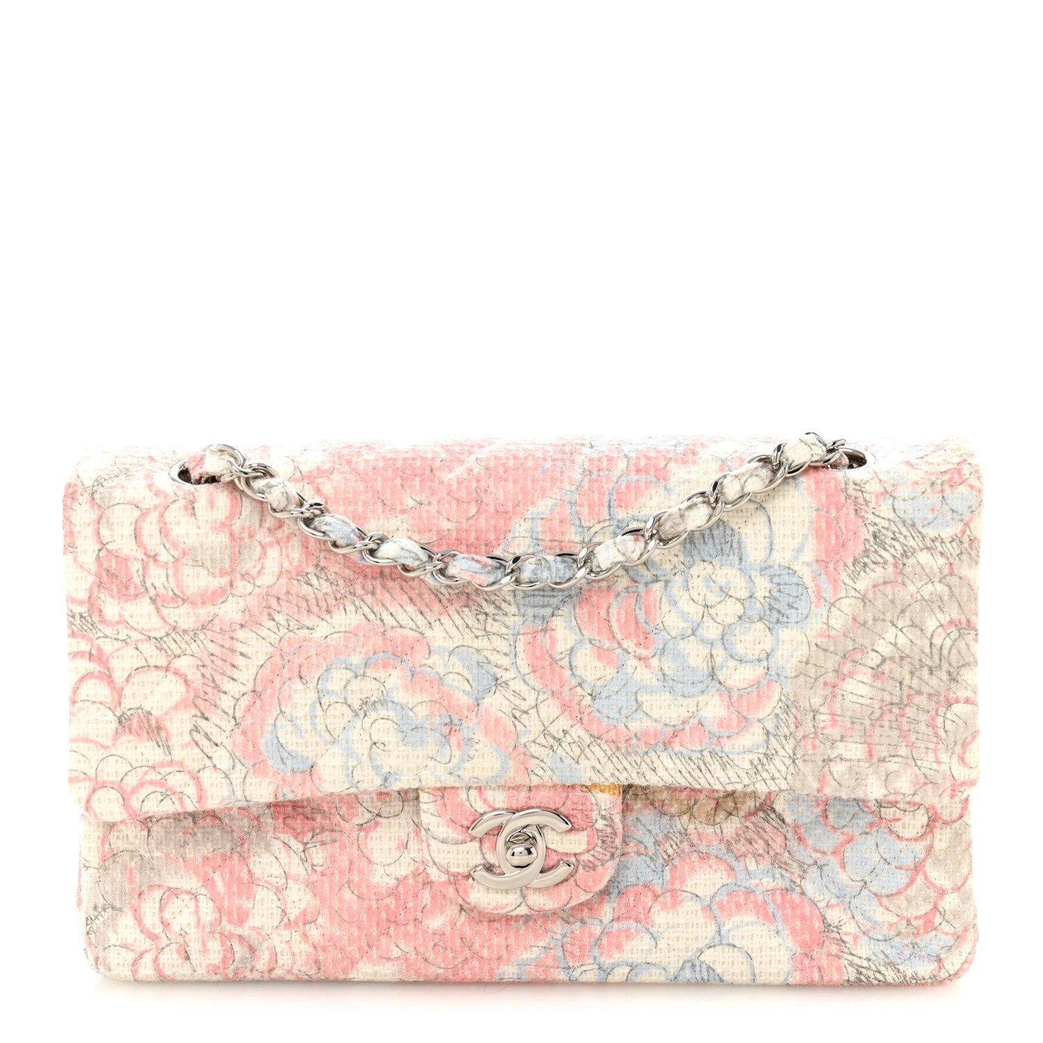 Tweed Quilted Camellia Medium Double Flap Ivory Multicolor