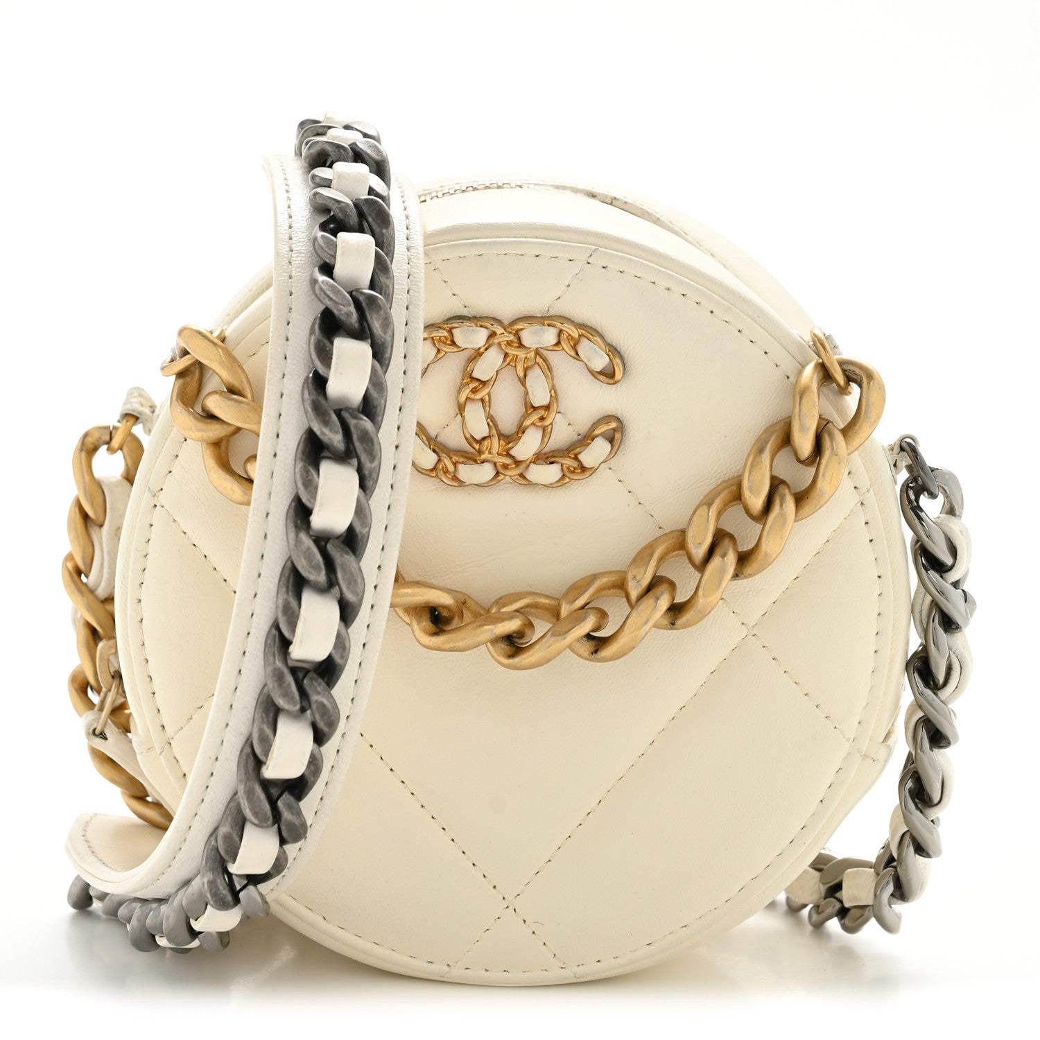 Lambskin Quilted Chanel 19 Round Clutch With Chain White