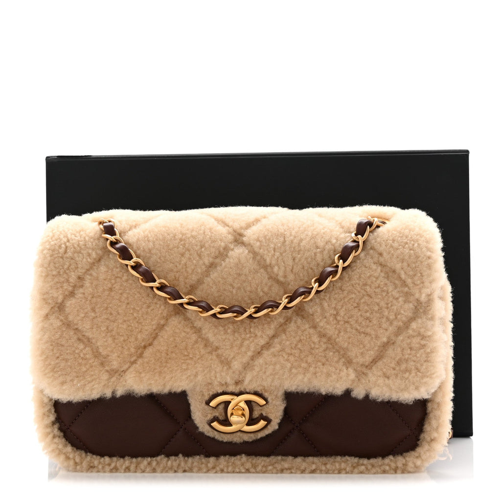 Shearling Lambskin Quilted Furry Coco Flap Dark Brown Beige
