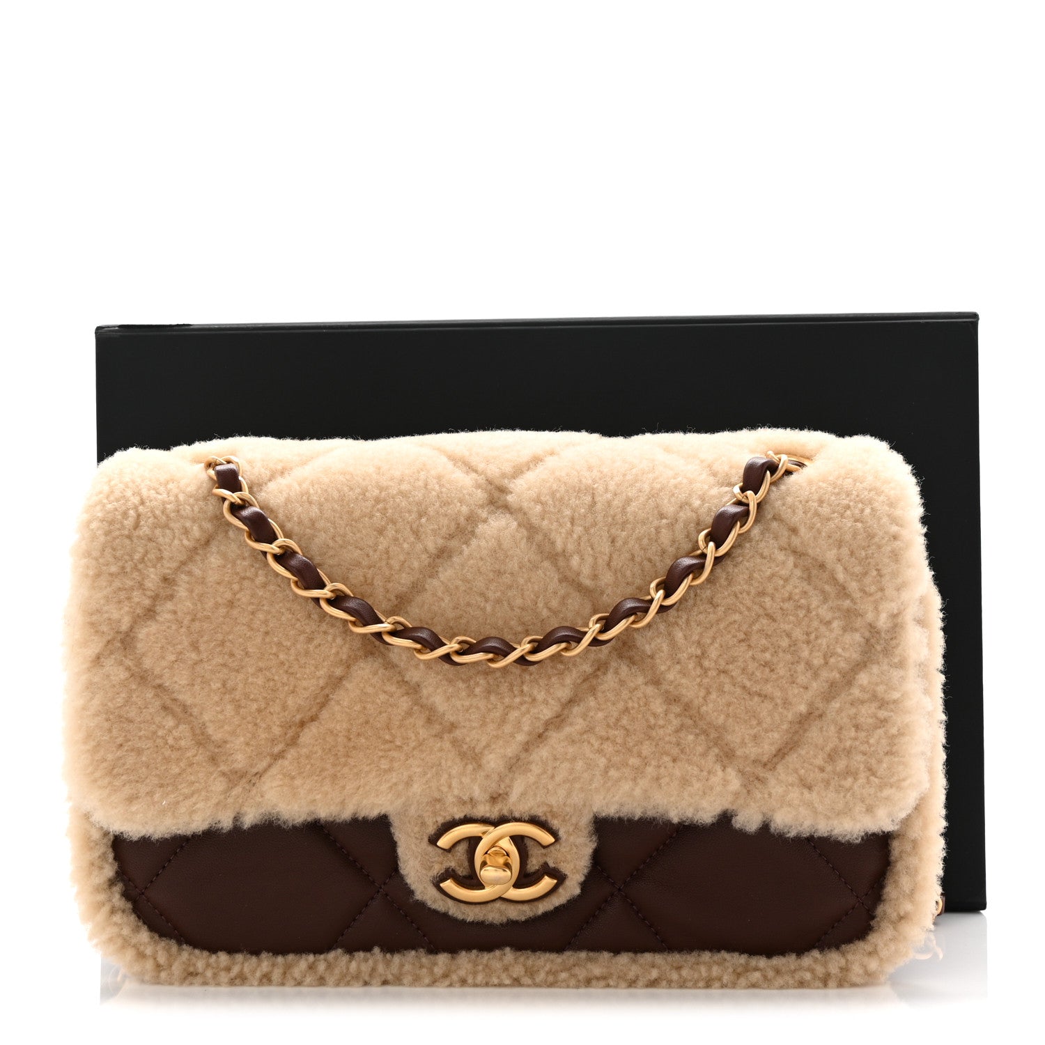 Shearling Lambskin Quilted Furry Coco Flap Dark Brown Beige