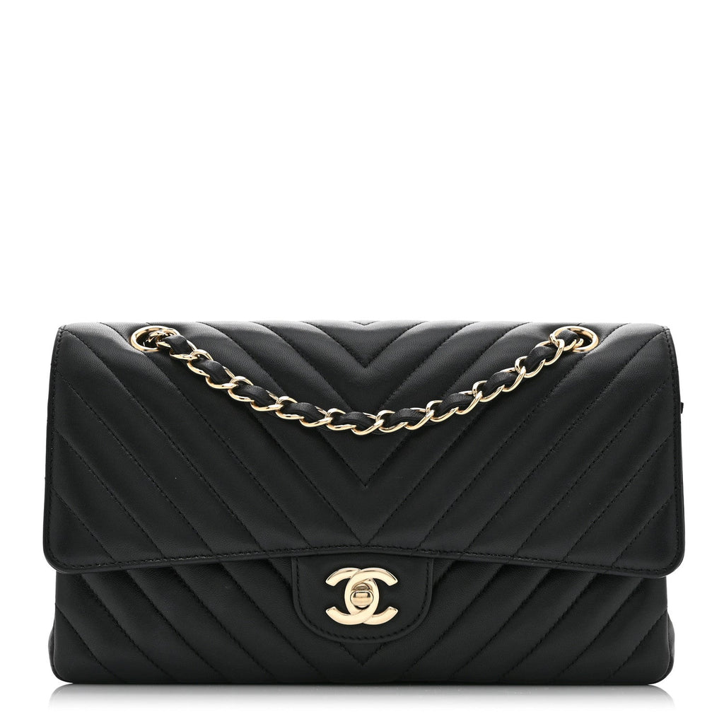 Lambskin Chevron Quilted Medium Double Flap Black