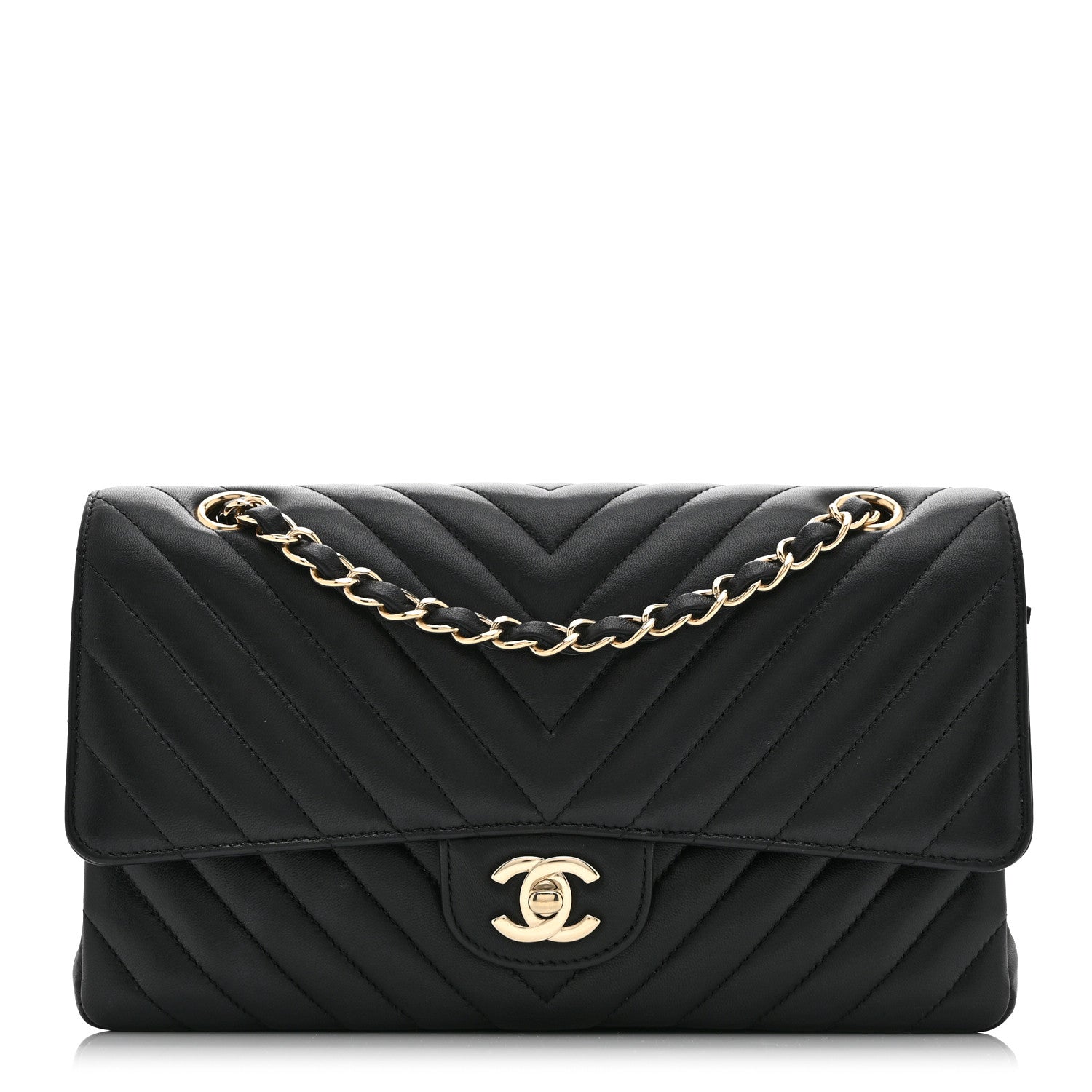 Lambskin Chevron Quilted Medium Double Flap Black