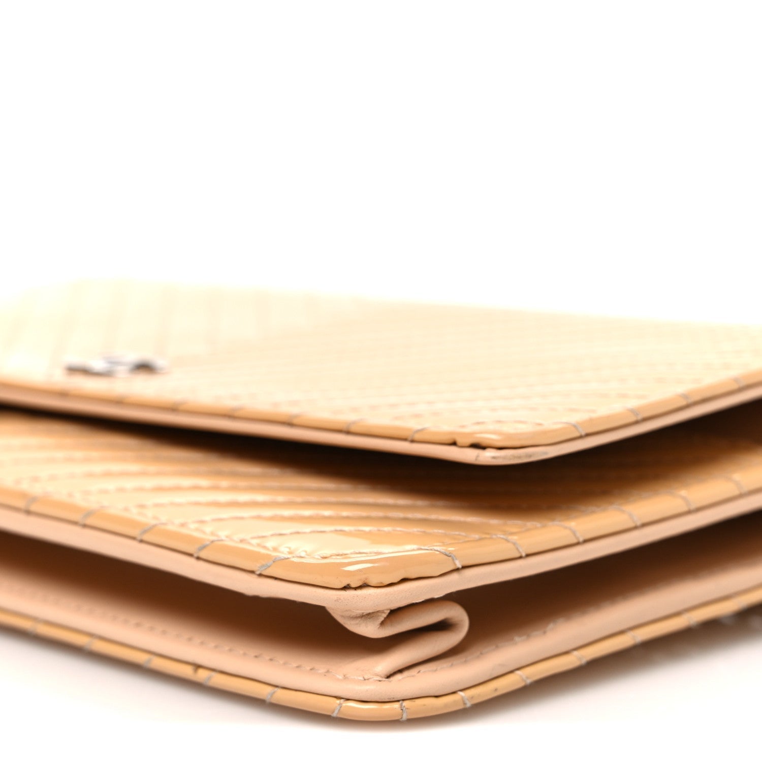 Patent Calfskin Chevron Quilted Wallet On Chain WOC Beige