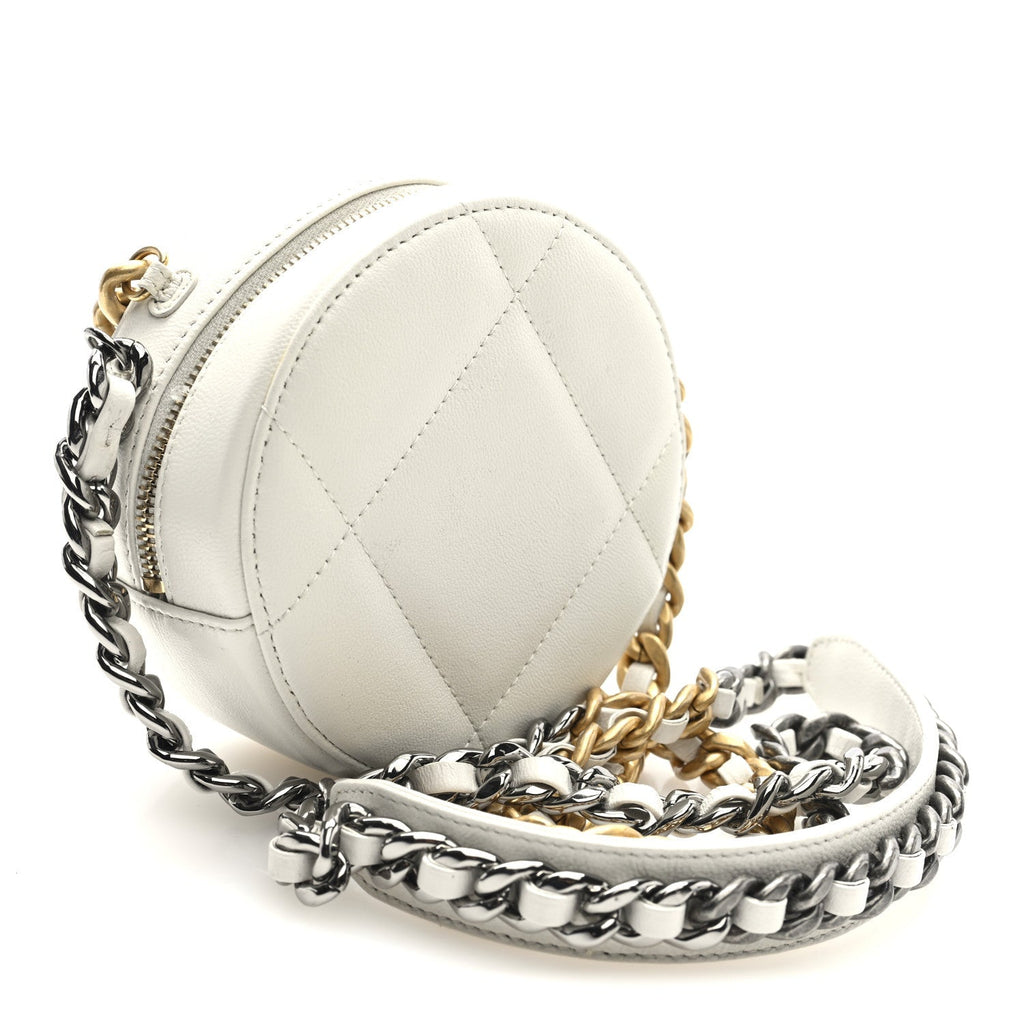 Shiny Goatskin Quilted Chanel 19 Round Clutch With Chain White