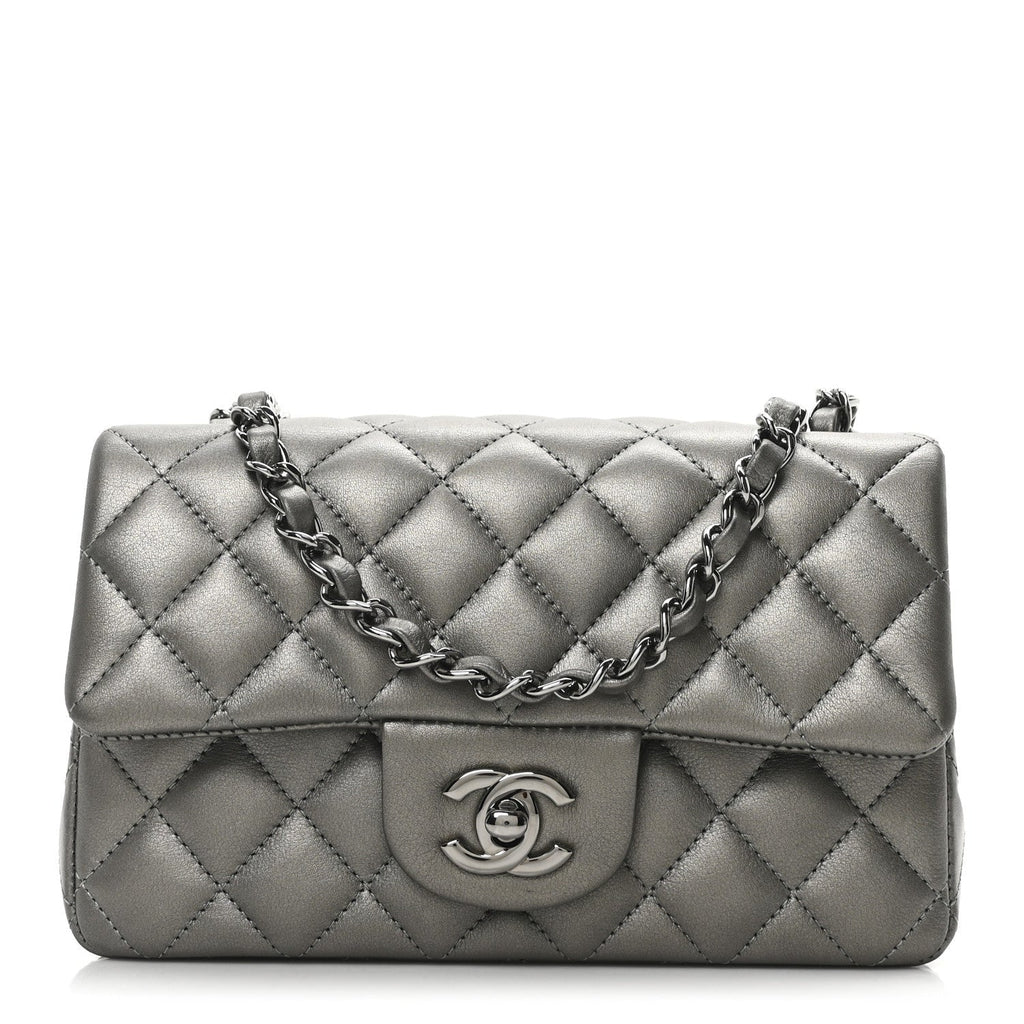 Metallic Lambskin Quilted Mini Rectangular Flap  Dark Grey