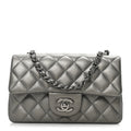 Metallic Lambskin Quilted Mini Rectangular Flap  Dark Grey