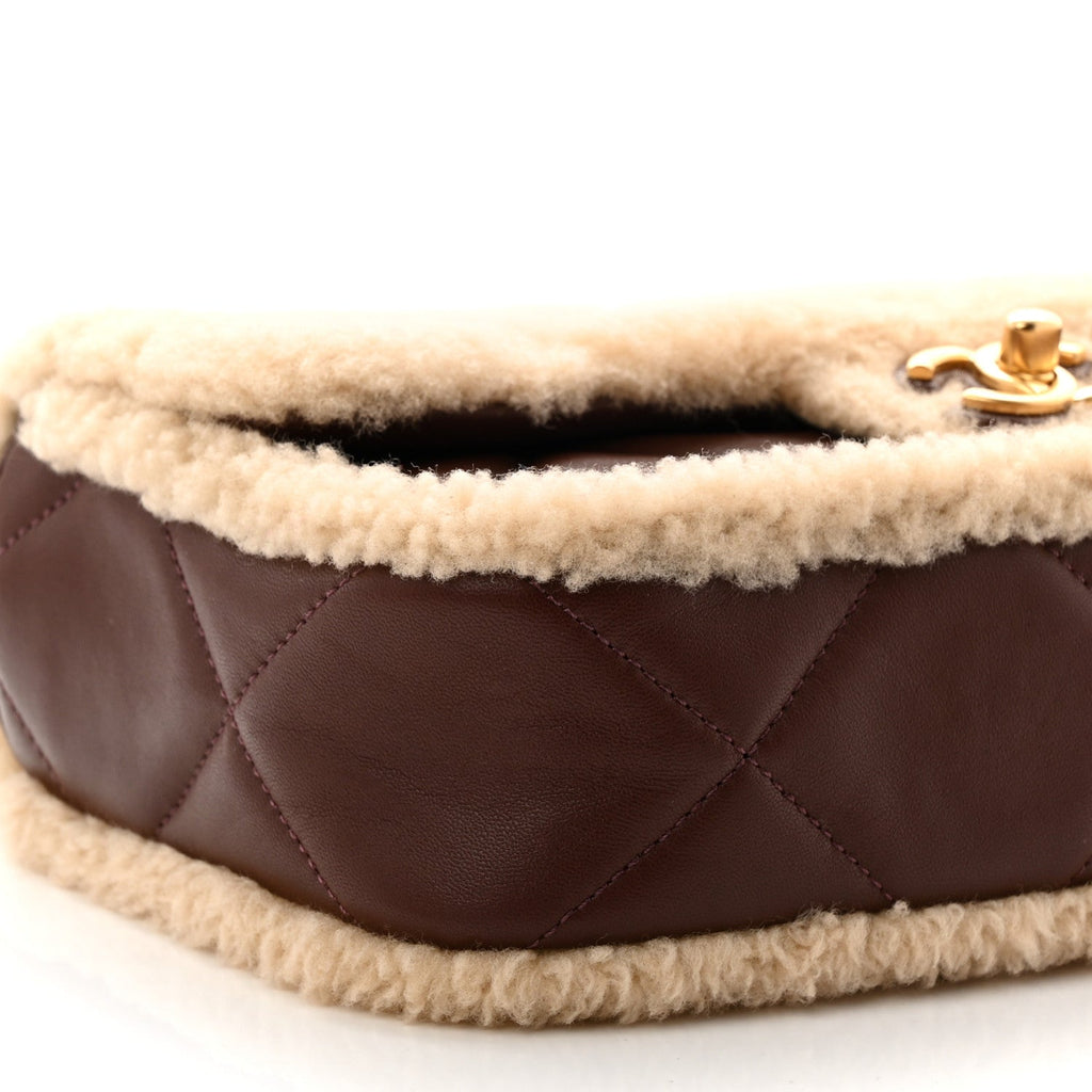 Shearling Lambskin Quilted Furry Coco Flap Dark Brown Beige