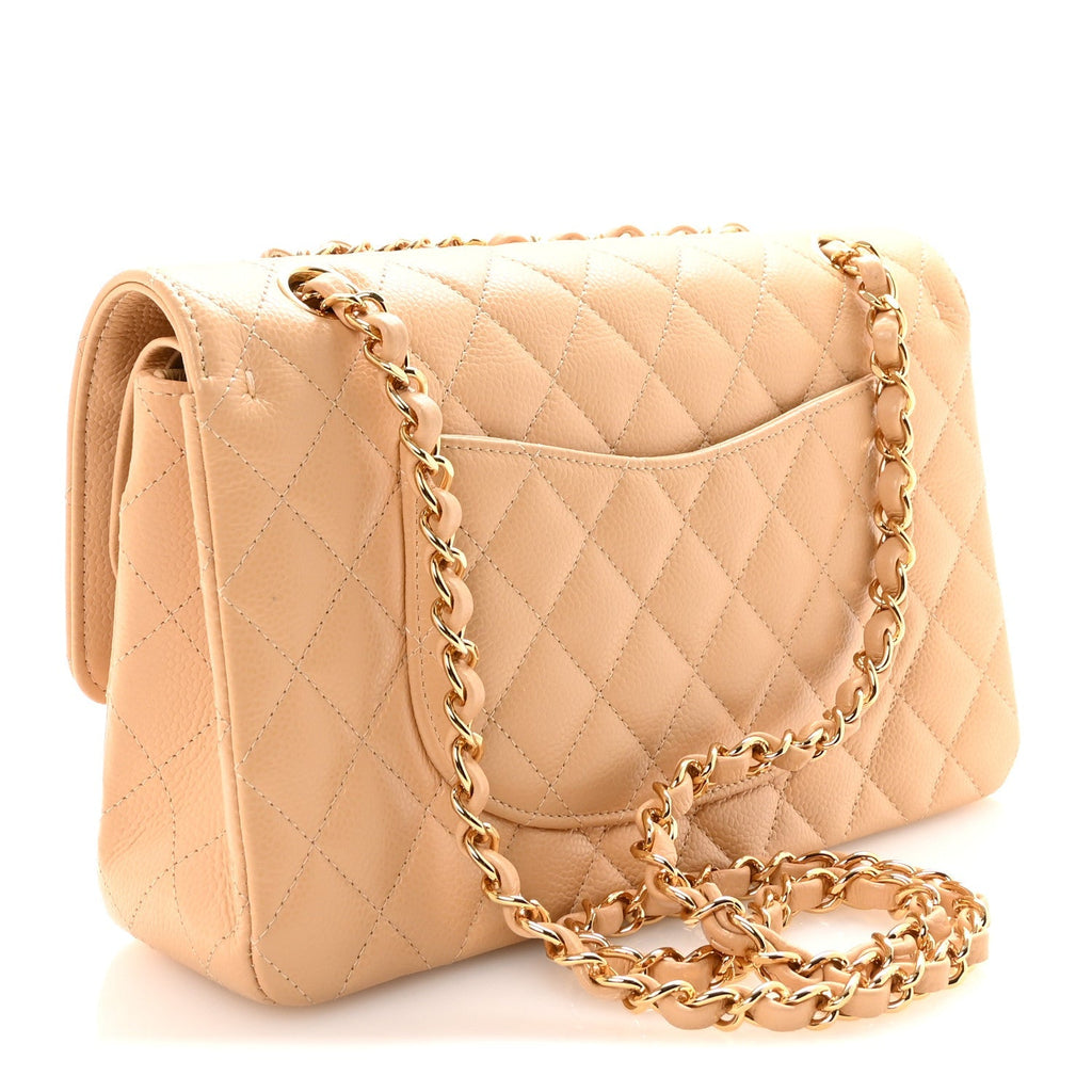 Caviar Quilted Medium Double Flap Beige