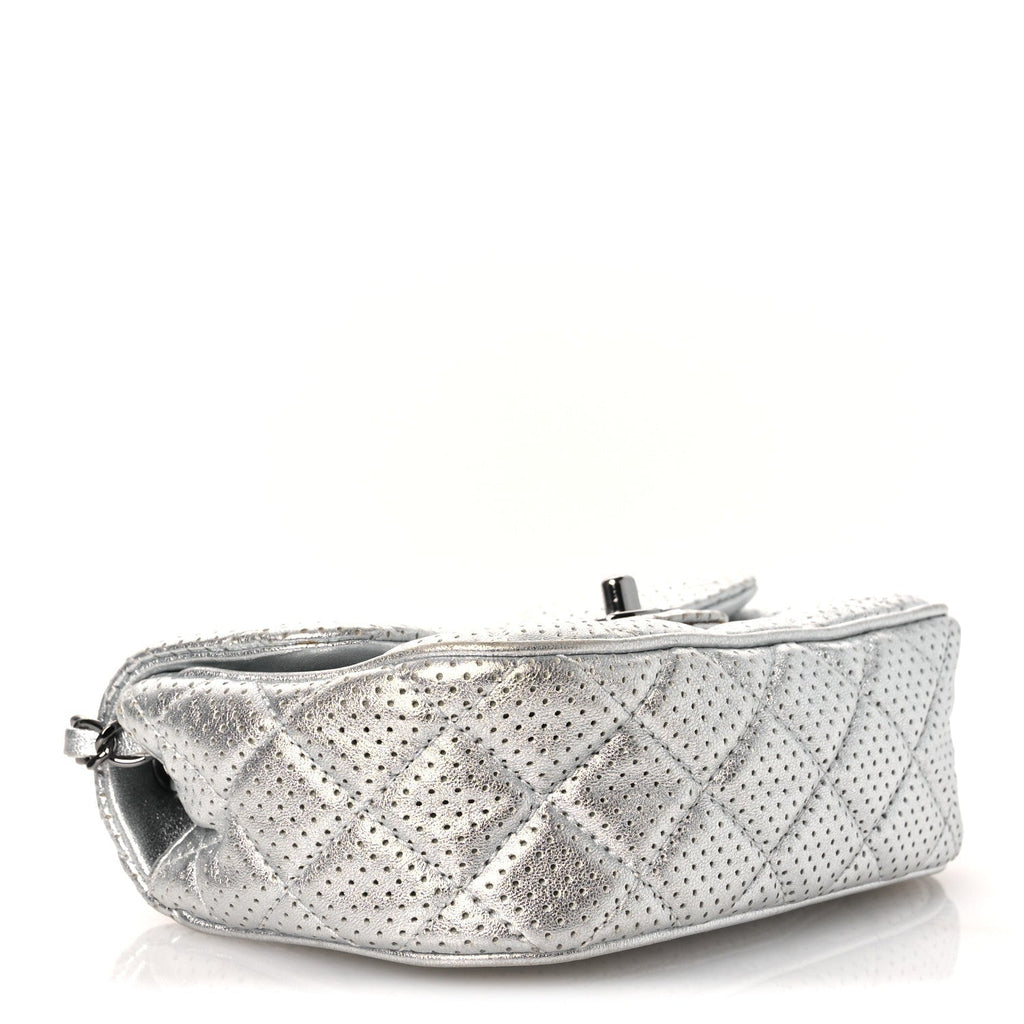 Metallic Lambskin Perforated Mini Rectangular Flap Silver