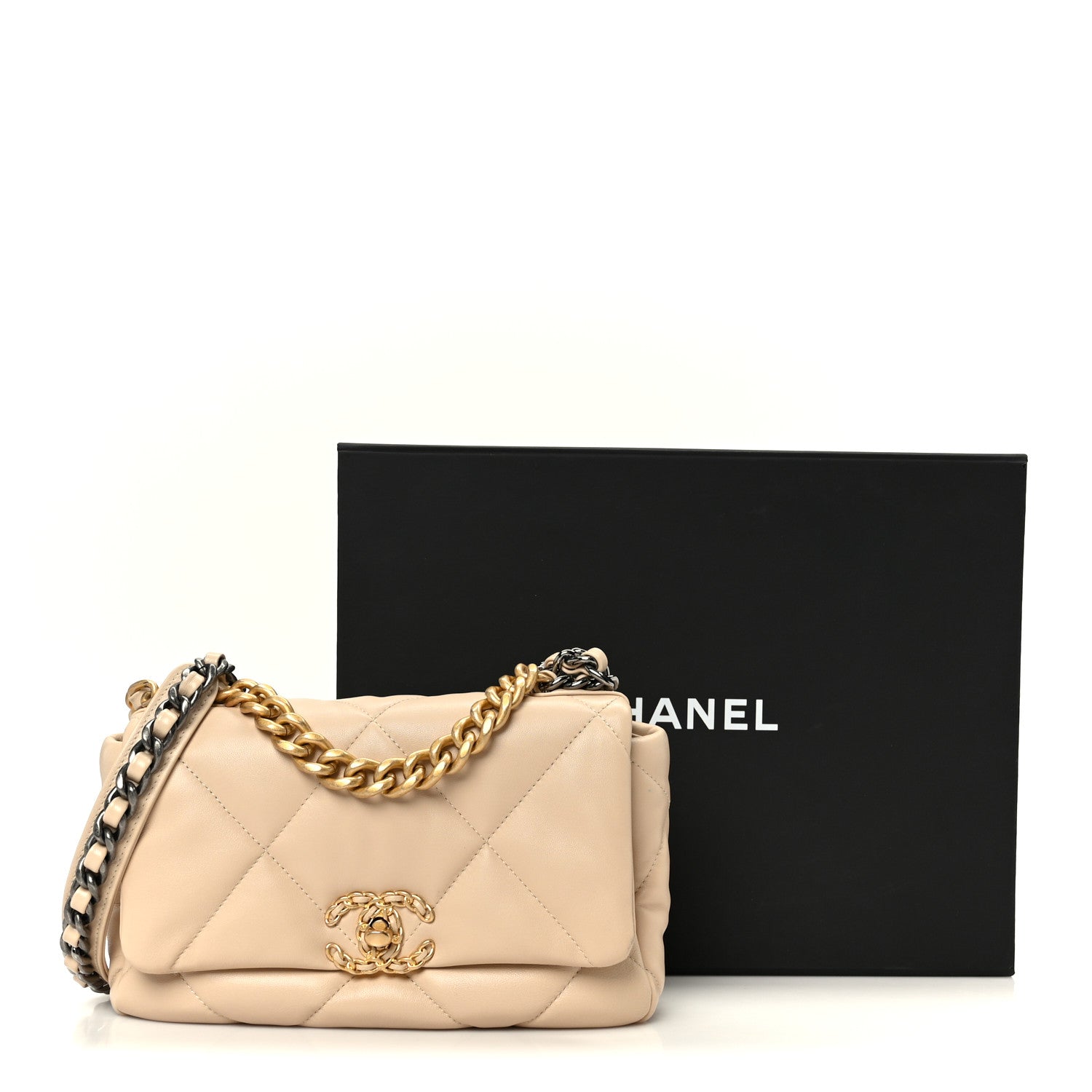 Shiny Goatskin Quilted Medium Chanel 19 Flap Beige