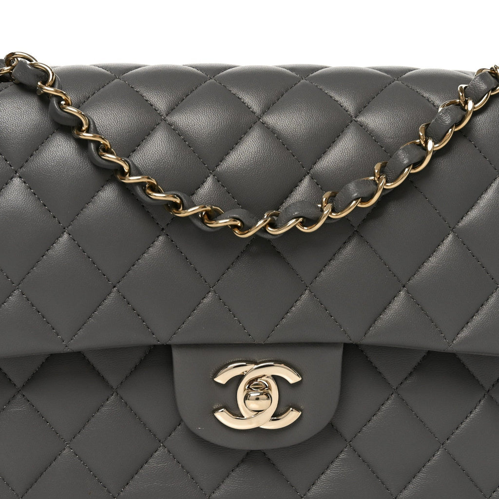 Lambskin Quilted Medium Double Flap Grey